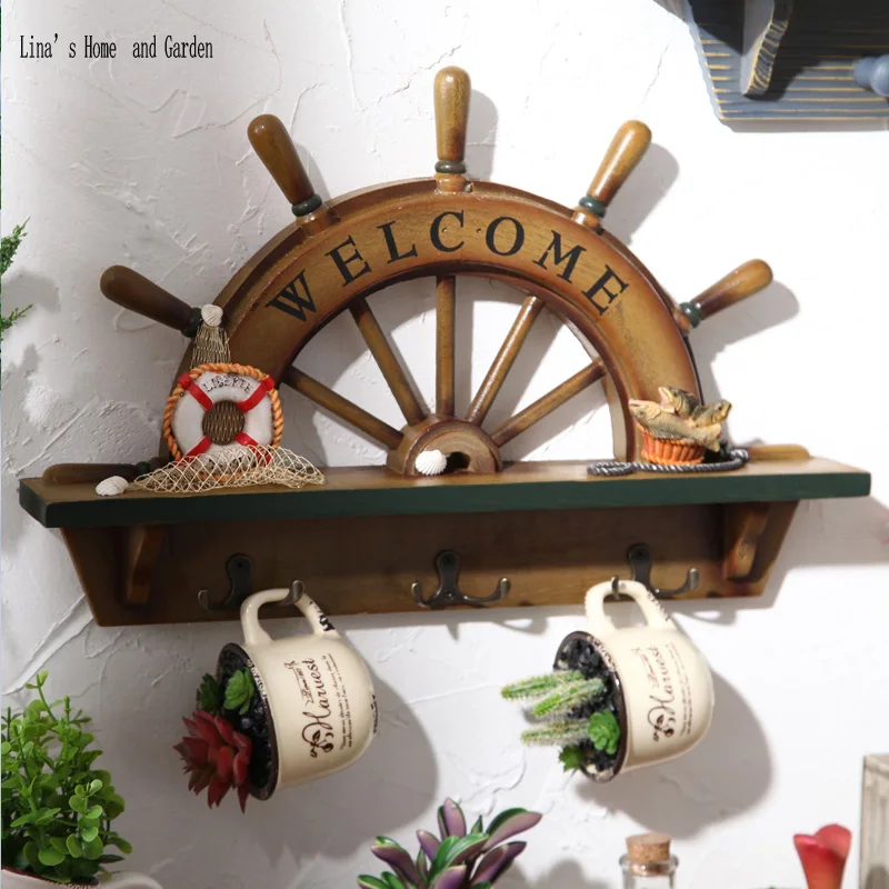 

helm wheel design shabby vintage 3 hooks floating shelves wood