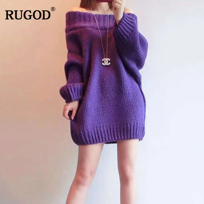 Новинка длинный женский свитер RUGOD с открытыми плечами однотонные свободные