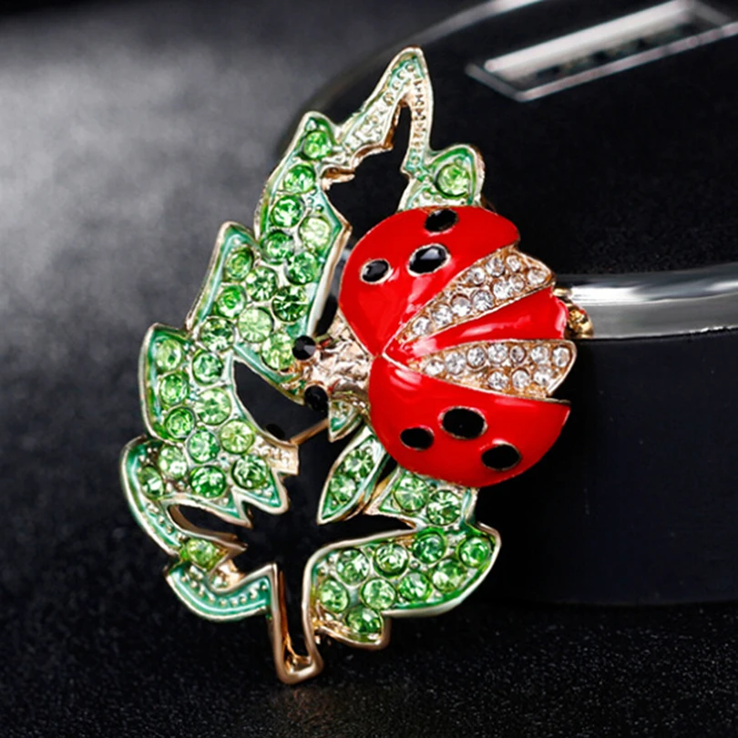 Кристалл Божья коровка Броши для Для женщин Красный Beatles зеленый лист брошь