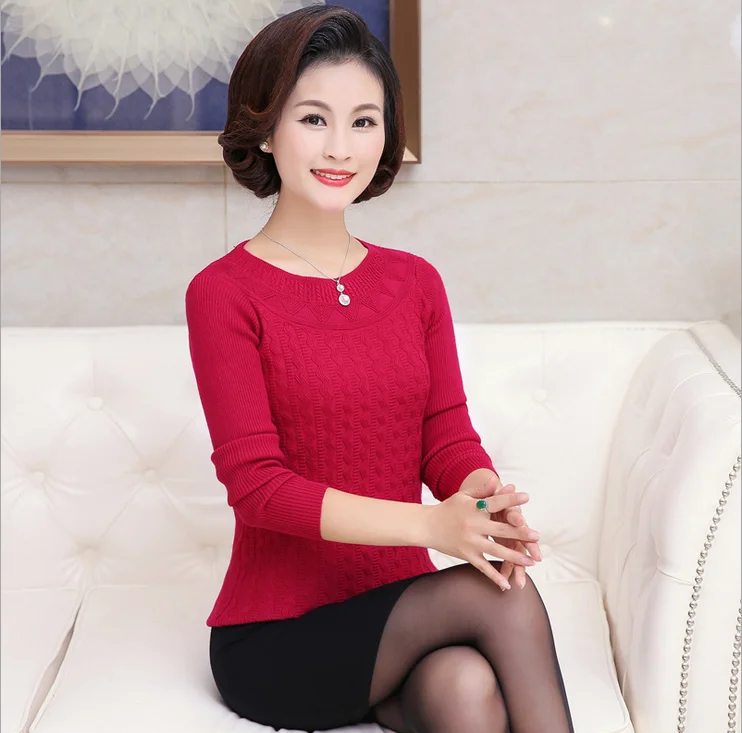 2018 Autumn New Middle-Aged Women Solid Color Pullover Sweater O- Neck Long Sleeve Slim Elasticity Mother Kniting Top T241 | Женская