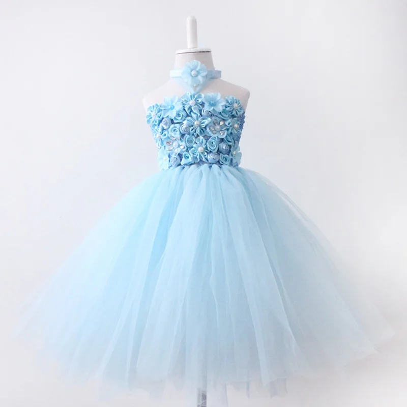 Flower girls light blue wedding party tutu dresses baby birthday ball gown fluffy pettiskirt Christening tutus | Детская одежда и