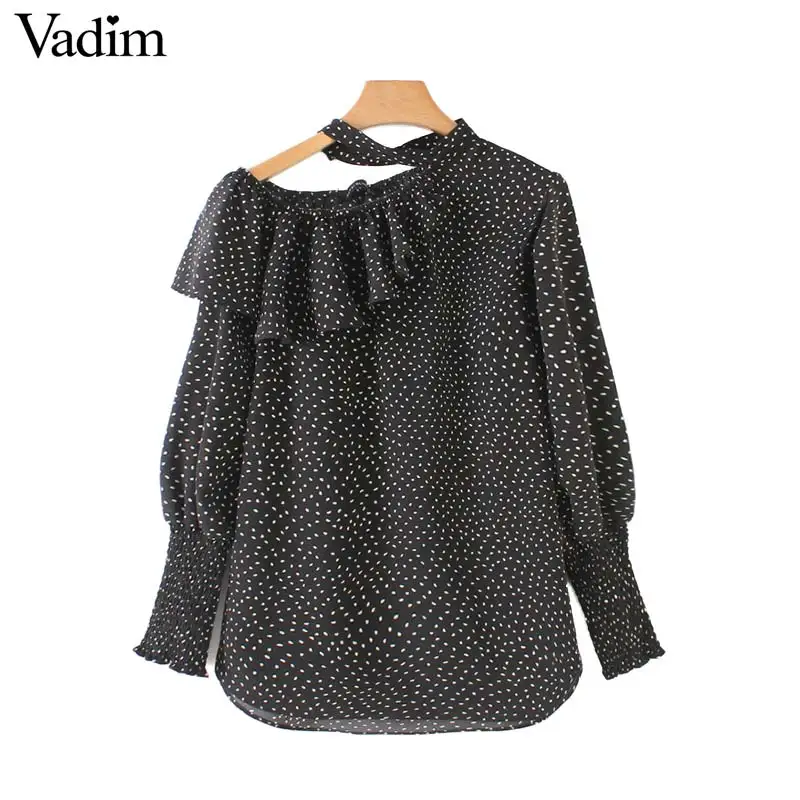 Vadim women elegant ruffles polka dot halter blouse irregular collar long sleeve female shirts stylish casual tops blusas LA986 |