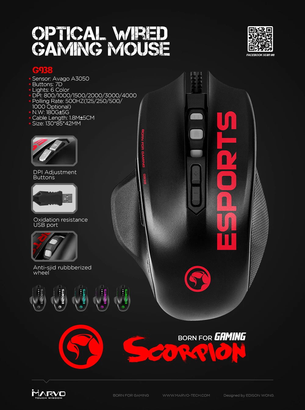 MARVO G938 игровой Мышь 6 кнопок светодиодный Подсветка проводной регулируемые Точек