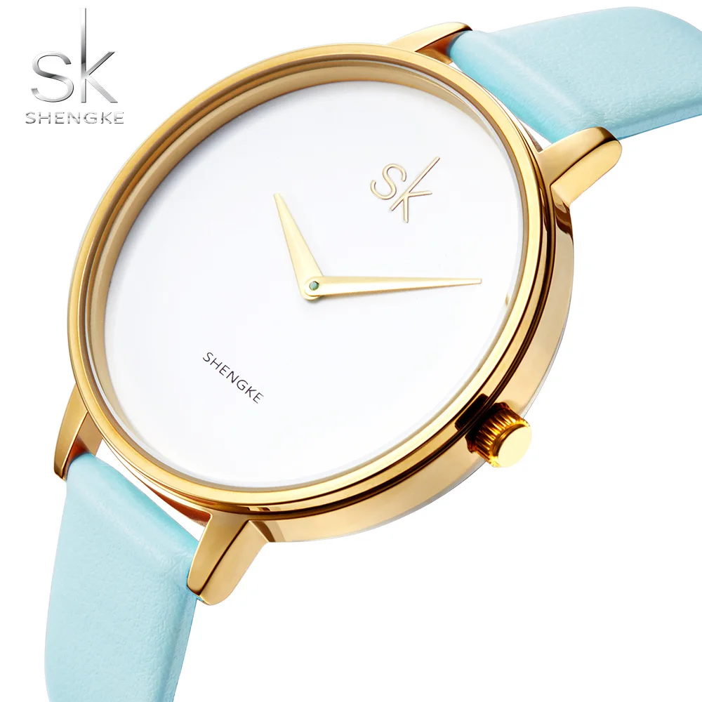 Часы Shengke женские кварцевые, Роскошные Синие часы с ремешком из натуральной кожи, цвет макарон от AliExpress WW