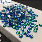 Круглые стеклянные стразы AB с голубым цирконием, цветные, с плоским основанием, для дизайна ногтей, 3D камни, Стразы без горячей фиксации