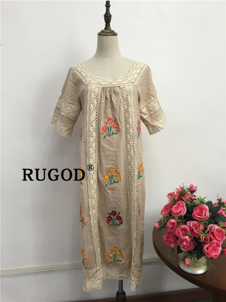 RUGOD богемное Стильное женское длинное платье длиной до щиколотки с коротким рукавом и кружевным краем, свободное винтажное весеннее женское элегантное платье с квадратным вырезом