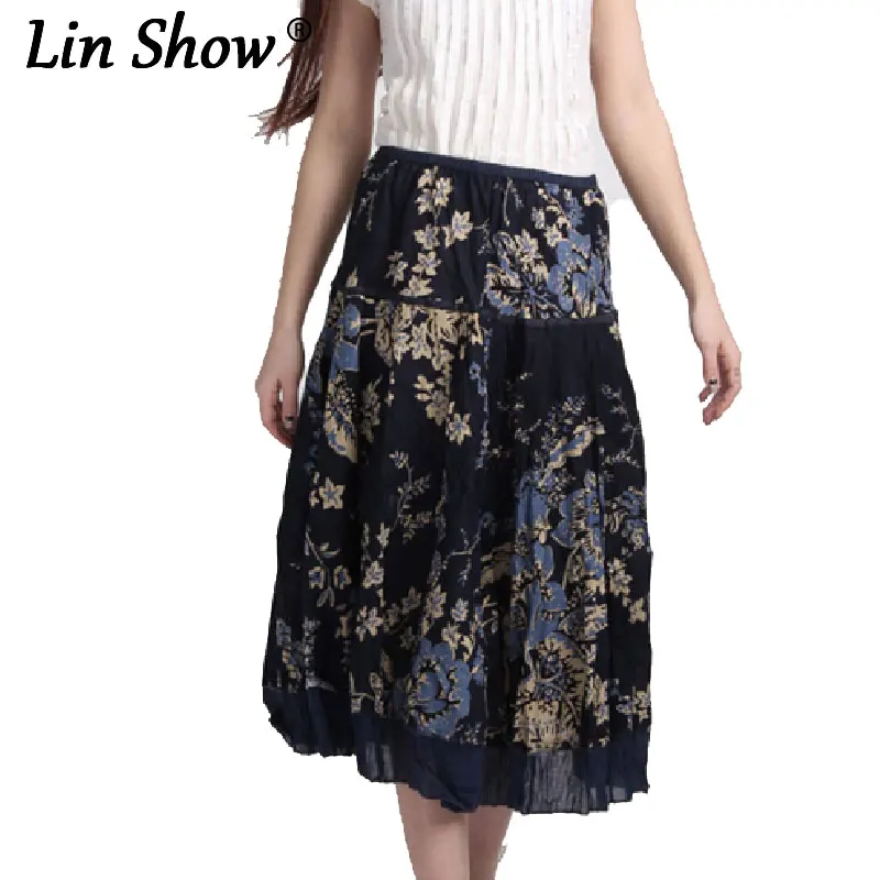 Linshow Лен с цветочным принтом Юбка Femme Vitange Элегантные до середины икры Женская
