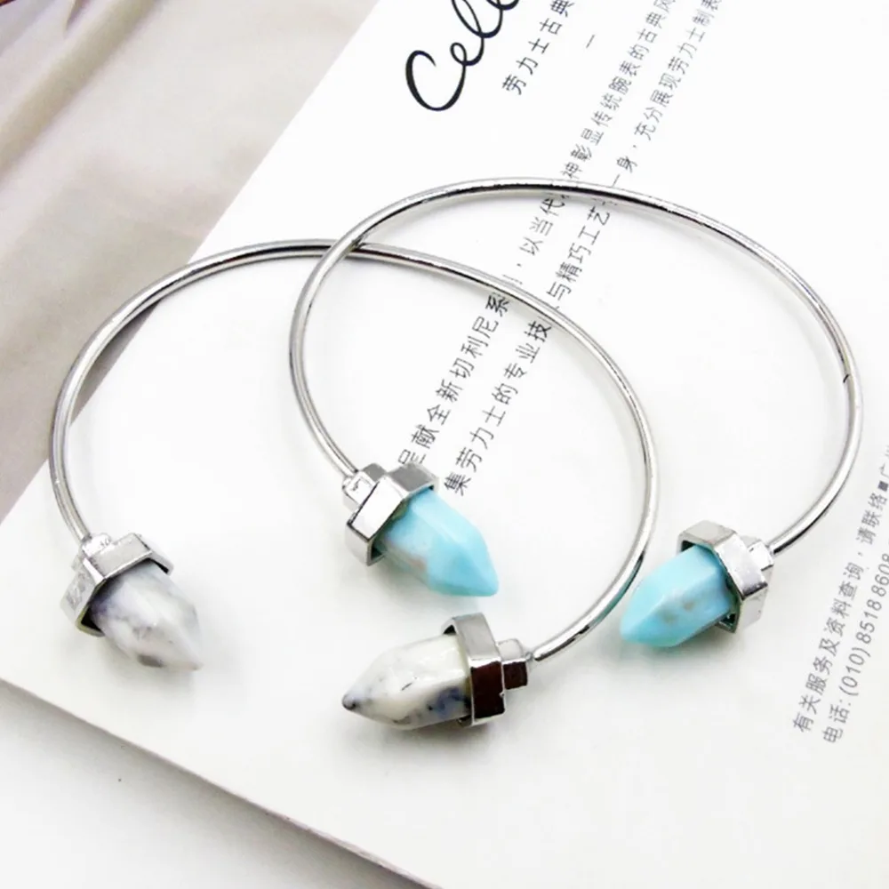 New Boho Created Blue White Stone Healing Bullet Point Bracelets &amp Bangles Faux Marble Howlite Bangle For Women #273873 | Украшения и