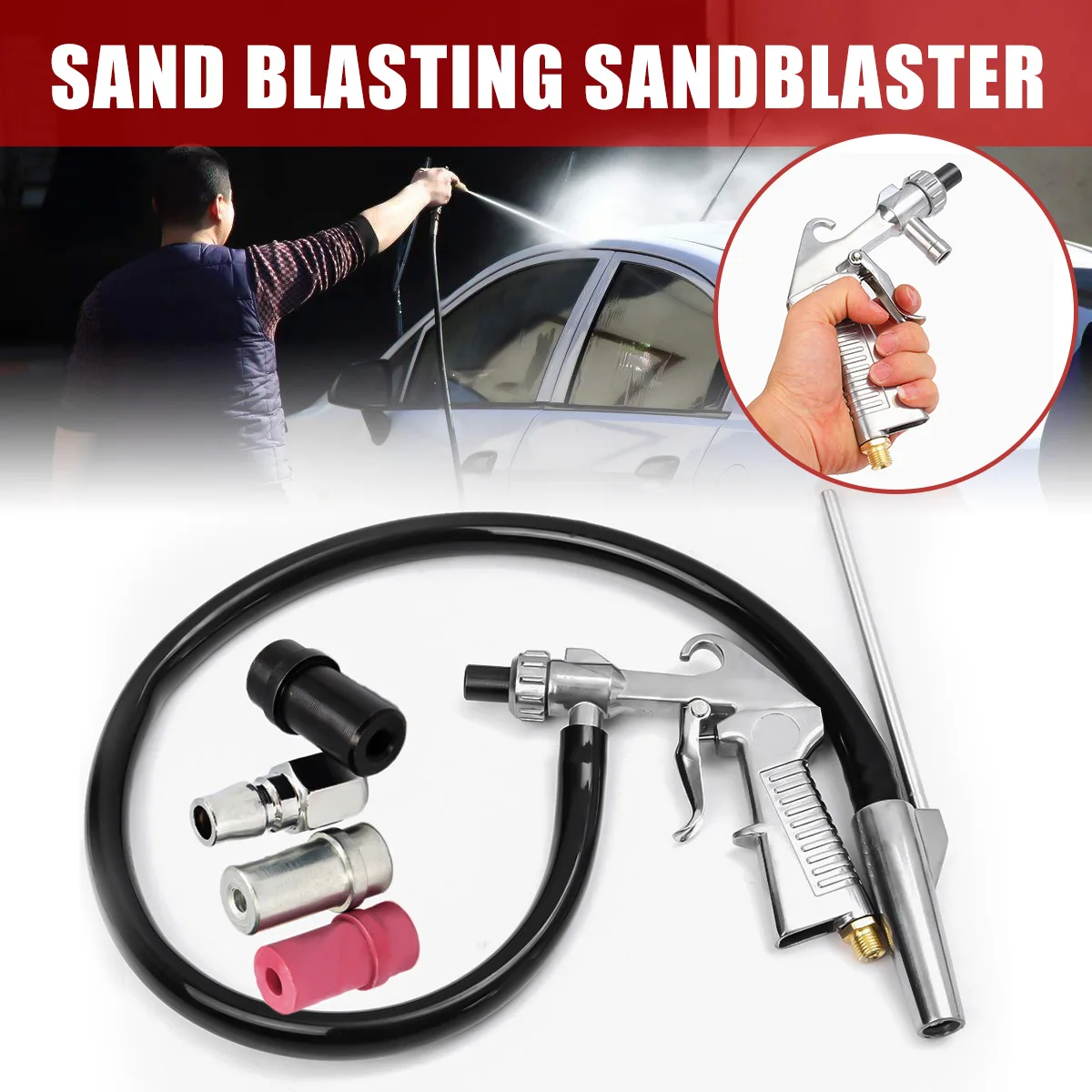 

7Pcs Air Sandblaster Sandblasting Blast Gun+Nozzles+Connector+Tube Derusting Tool Kit Power Tools