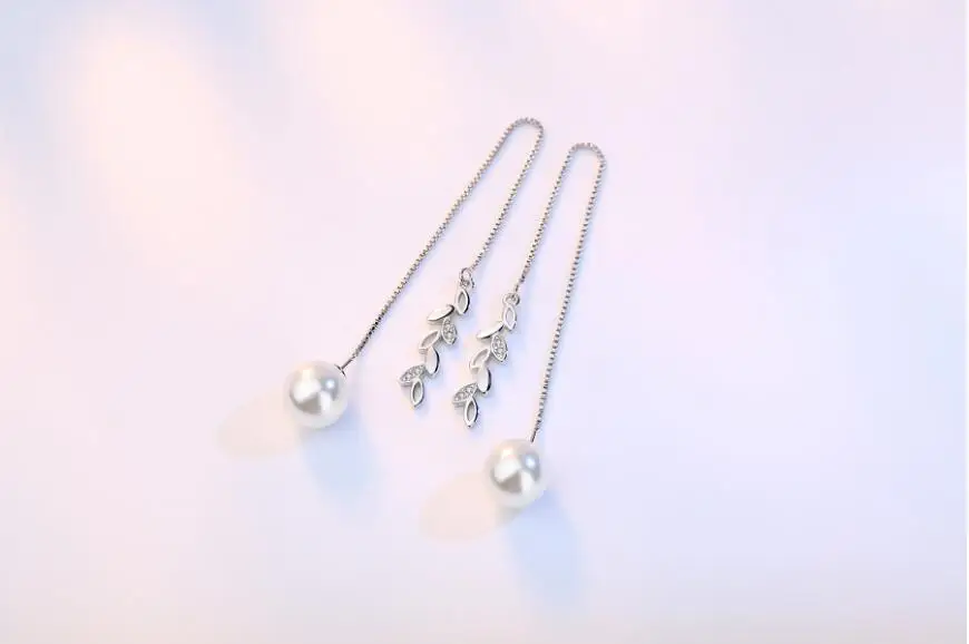 Anenjery 925 пробы Серебряные длинные серьги-капли с кисточками, циркониевые листья, имитация жемчуга, brincos S-E278