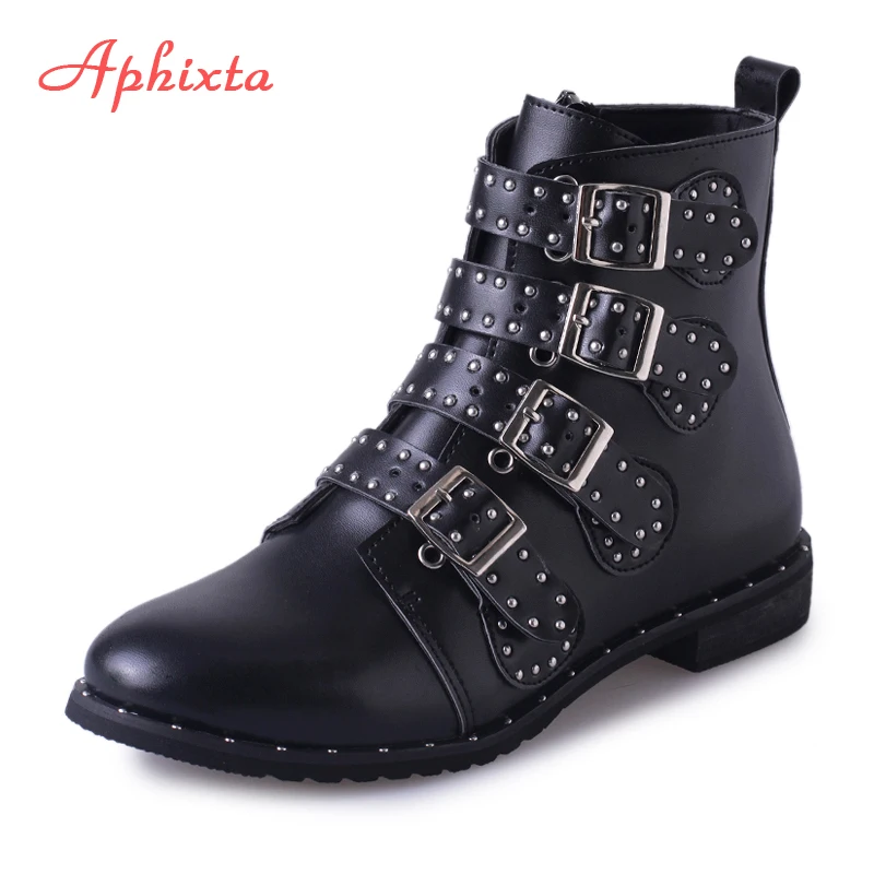 Aphixta/зимние женские ботильоны с заклепками Черная кожаная обувь пряжкой на