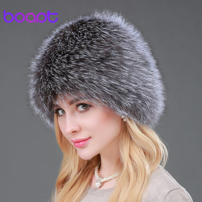 [boapt] высокая качественный женщины зима головные уборы подлинный лиса мех вязаный