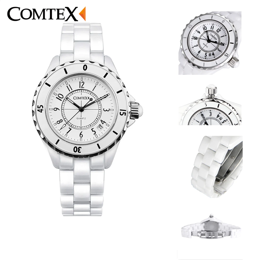 COMTEX часы женские Швейцарский Моды Белые керамические Часы женщины Кварц платье