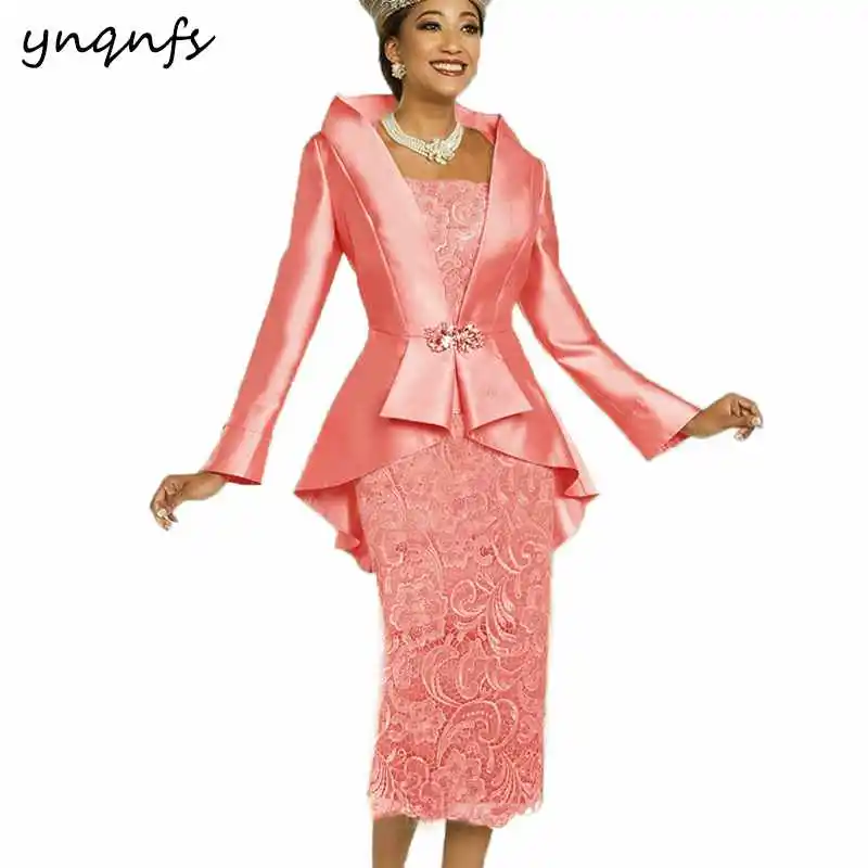 Coral YNQNFS pinktaffeta кружева Чай Длина комплект из двух предметов для матери невесты платье с жакетом вечерние свадебное платье M52 - Цвет: Coral
