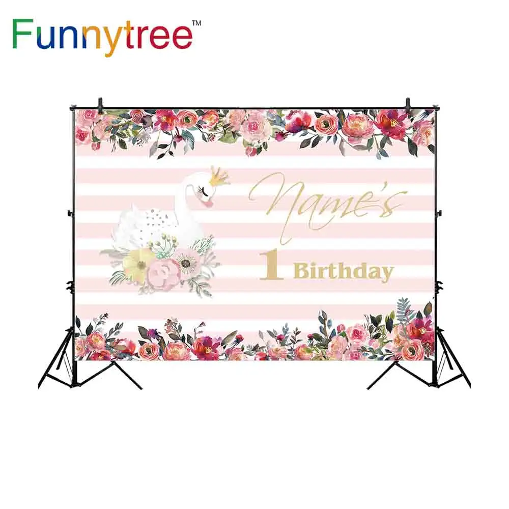 

Фон для фотосъемки Funnytree с изображением лебедя короны цветы элегантный розовый белый в полоску акварельный пастельный фон для фотосъемки Ф...