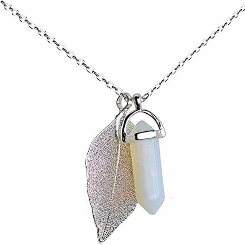 Макси ожерелье кулон из натурального листа опал кварц покрытое богемным
