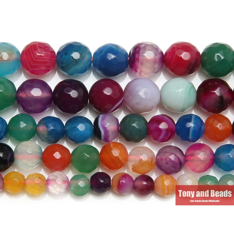 15 &quotнитка Натуральный камень граненый Разноцветные полосатые Агаты круглые