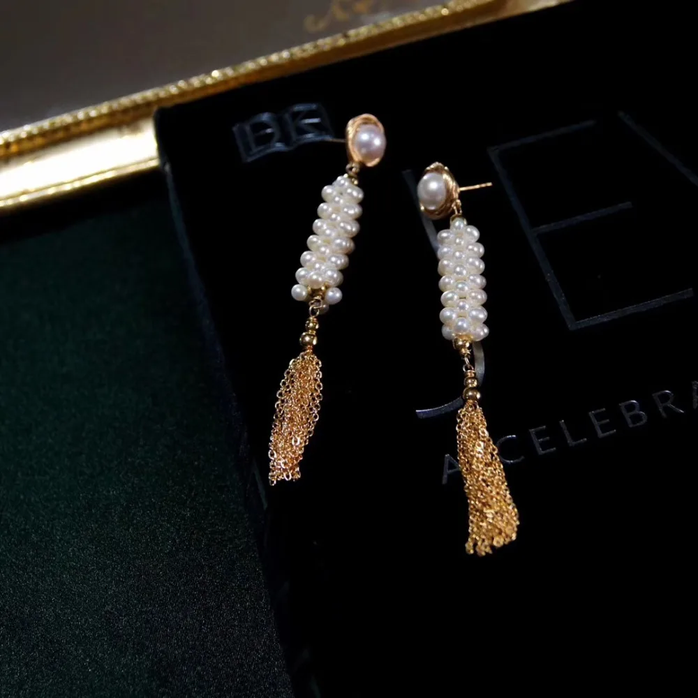 Женские серьги подвески ручной работы ANI золотые с натуральным пресноводным