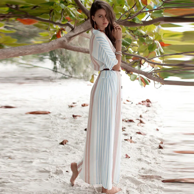 Женское богемное платье-рубашка в полоску повседневное Пляжное Платье макси с
