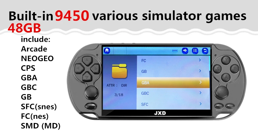 JXD 48 ГБ 128 бит портативная игровая консоль 5,1 дюймов MP4 видео игровая консоль Встроенная 9450 игра для аркадных игр/gba/gbc/snes/fc/smd детский подарок