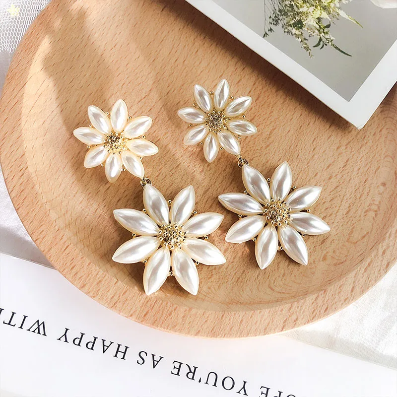 Женские длинные серьги с искусственным жемчугом и цветком пляжные аксессуары