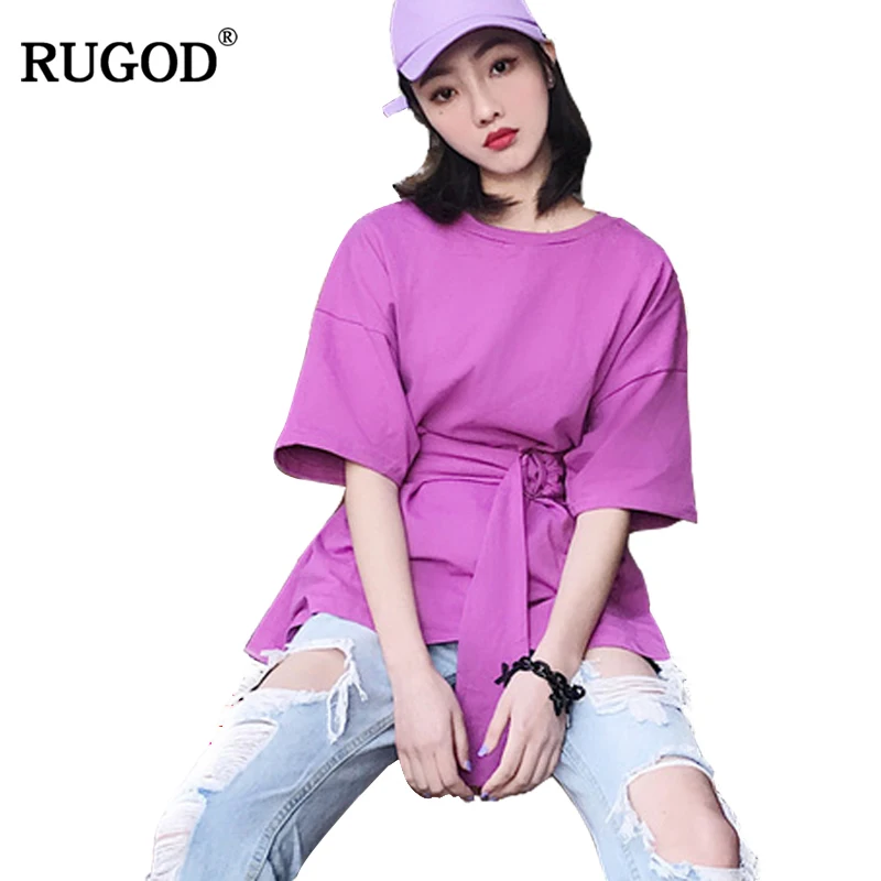 Rugod модная однотонная длинная футболка Для женщин Футболка с поясом Свободная
