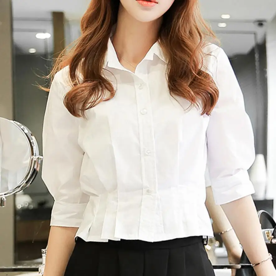 

Cotton Short Blouse Womens Brand Fashion Design Three Quarter Sleeve Shirring Crop Tops Ladies High Waist Slim Pure White Shirts