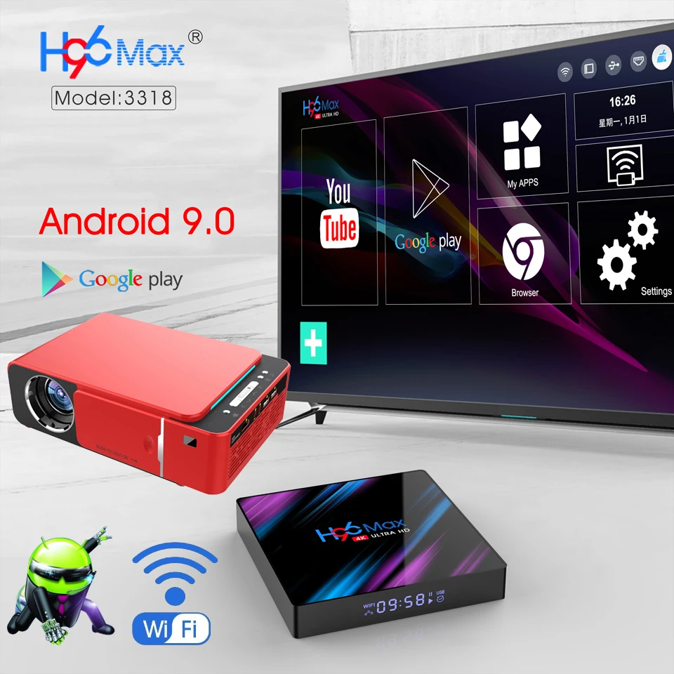 WZATCO T6 Android 9,0 wifi Smart дополнительная поддержка 1080p HD светодиодный портативный мини-проектор видео для игра для домашнего кинотеатра Кино