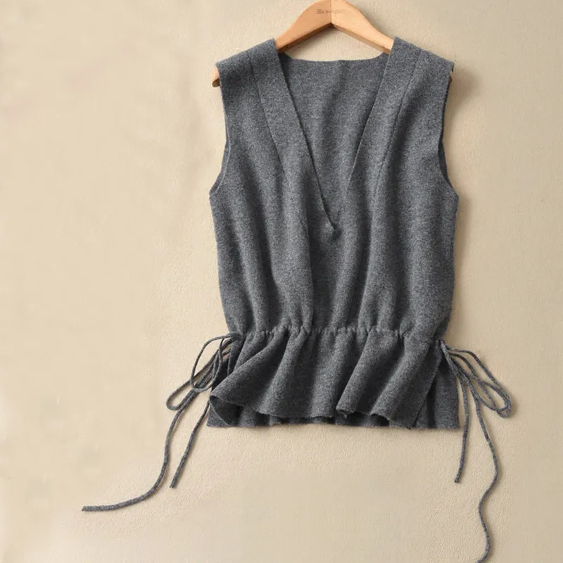 Europe and the United States wind cashmere vest deep V-neck pullover waist double-knit wool sweater | Женская одежда