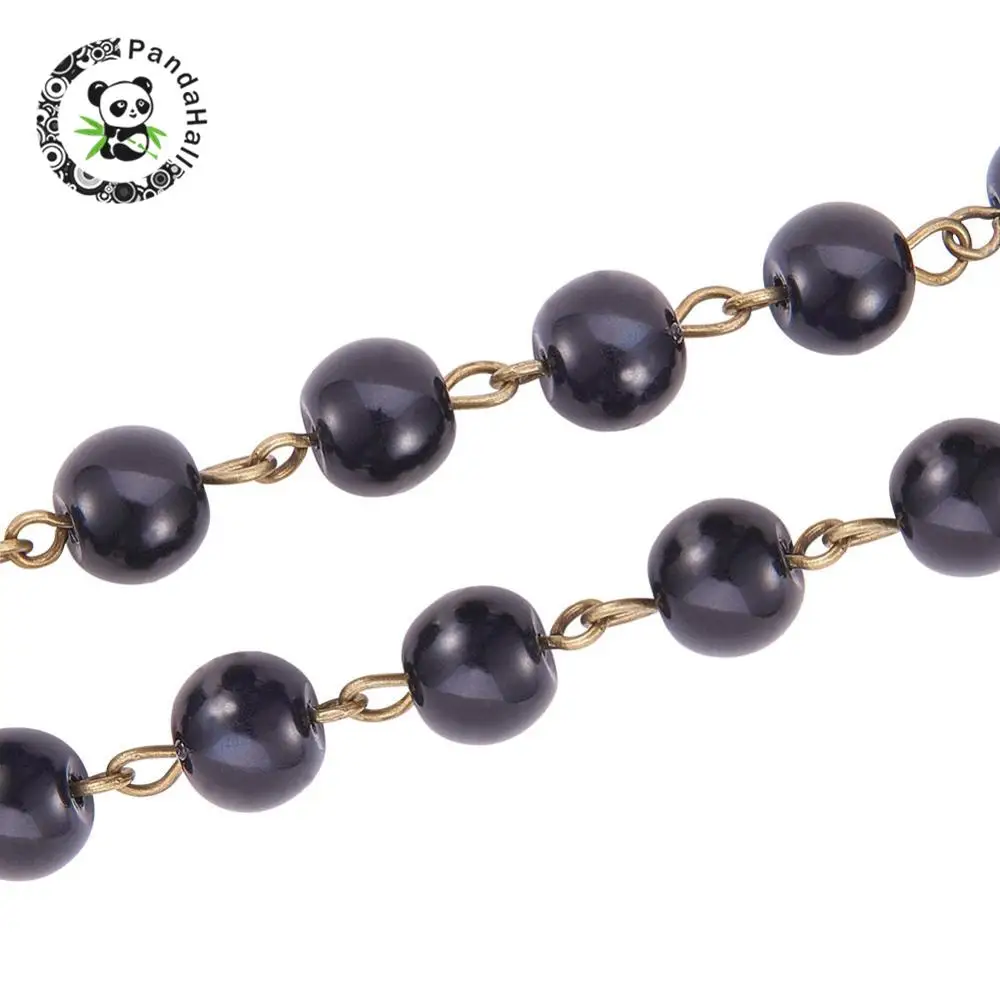 

Handmade Glass Pearl Beads Chains,with Glass Pearl Beads and Iron Eyepins, Antique Bronze, Black, 1000x8mm, about 76pcs/strand