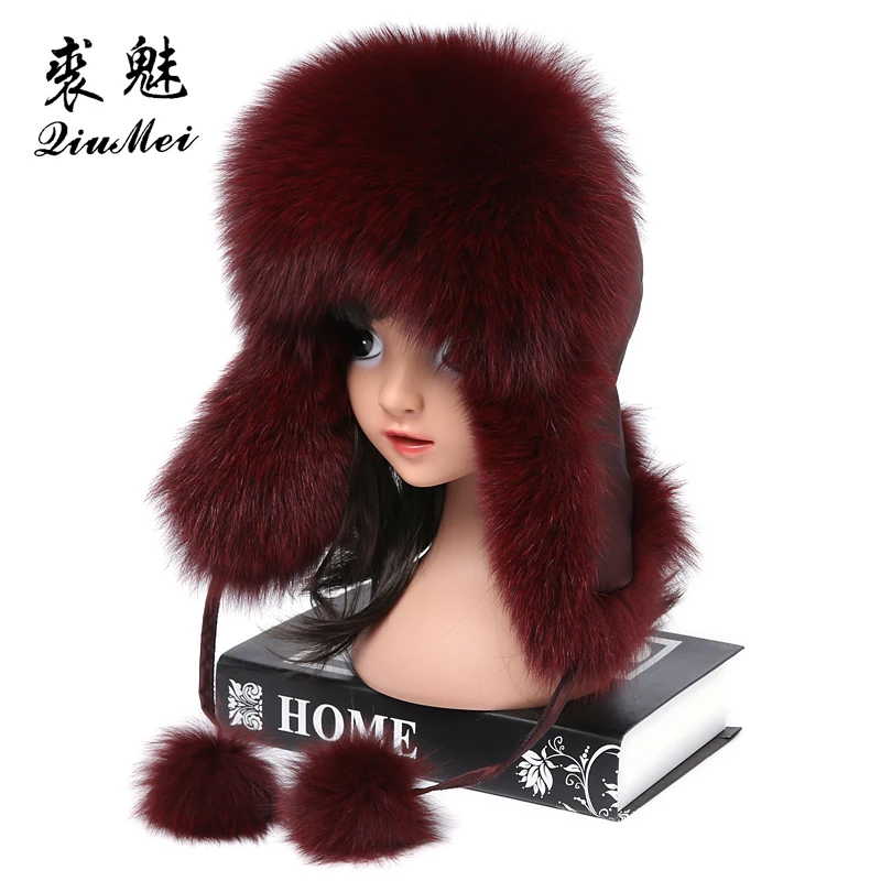 Real Fox Fur Bomber Hats For Children Luxury Warm Raccoon Fur Caps Bombers Fur Winter Russian Trapper Hat for Girls Boys Ushanka