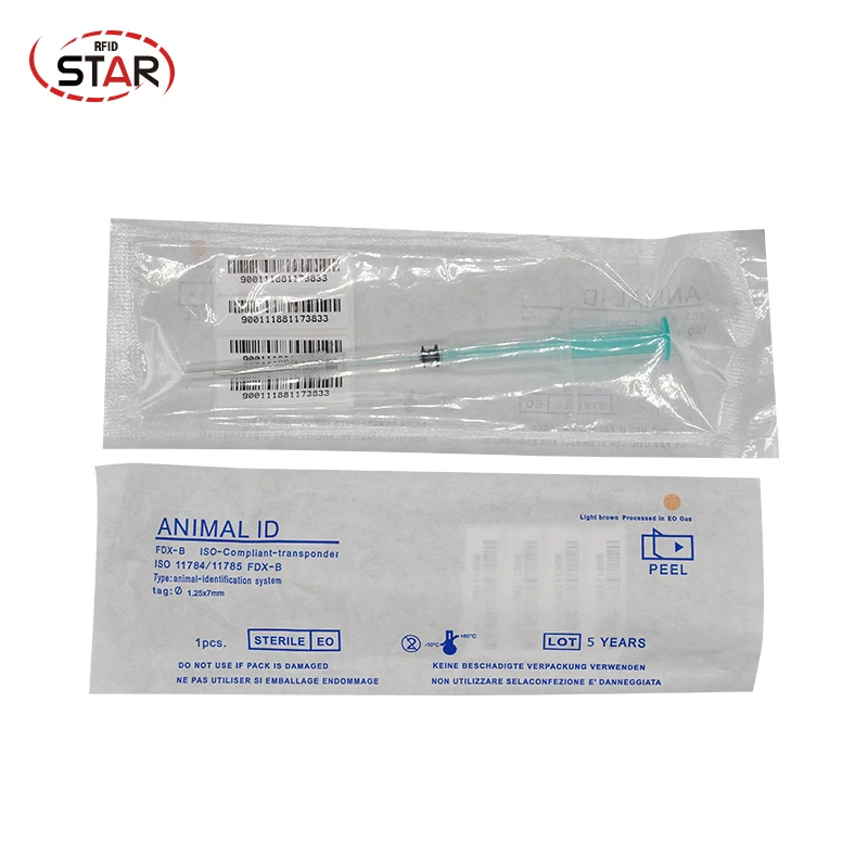 1pc Mini injectable rfid animal pet dog microchip 1.25*7mm EM4305 ISO FDX-B 134.2KHz Dog Cat Horses microchip Tag with syringe