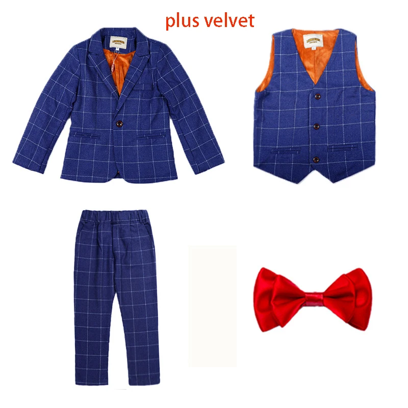 blue 3pcs thickening Осень-зима, детский деловой костюм, комплекты клетчатый смокинг с цветочным принтом для мальчиков, жилет, рубашки, штаны, комплекты одежды детский костюм для свадебной вечеринки - Цвет: blue 3pcs thickening