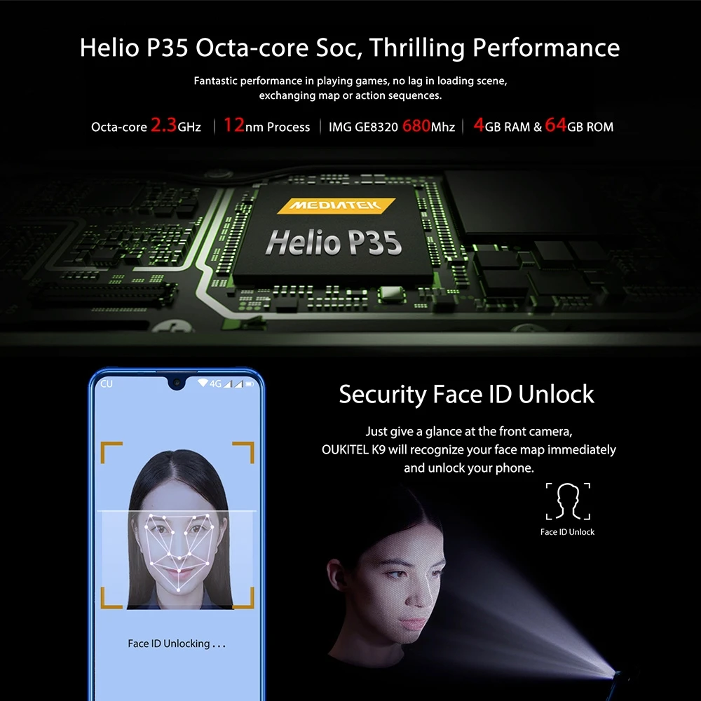 OUKITEL K9 водослива 7 12 &quotFHD + 1080*2244 16MP 2MP/8MP смартфон 4GB 64GB Face ID 6000mAh 5 V/6A Быстрая зарядка