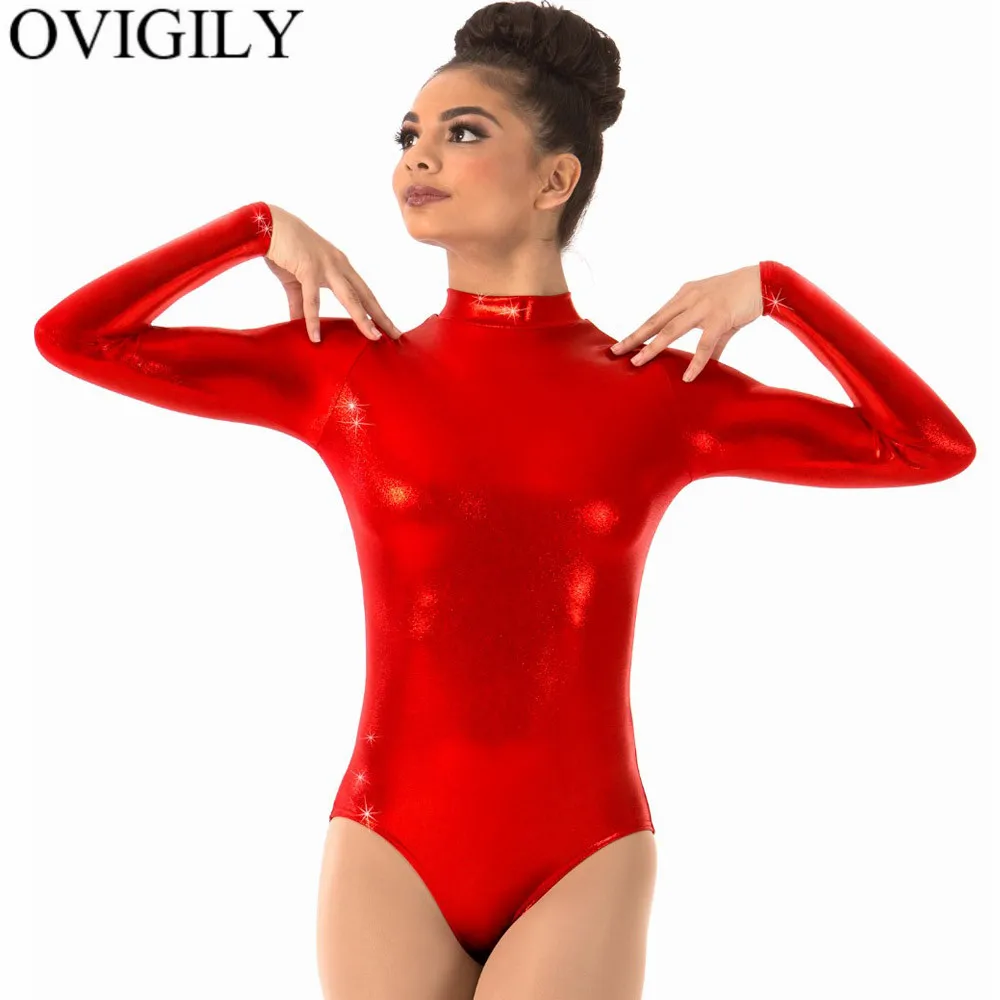 Red OVIGILY, женское серебряное гимнастическое трико, цельный трико, боди для взрослых, макет шеи, длинный рукав, балетный танцевальный трико для девочек - Цвет: Red