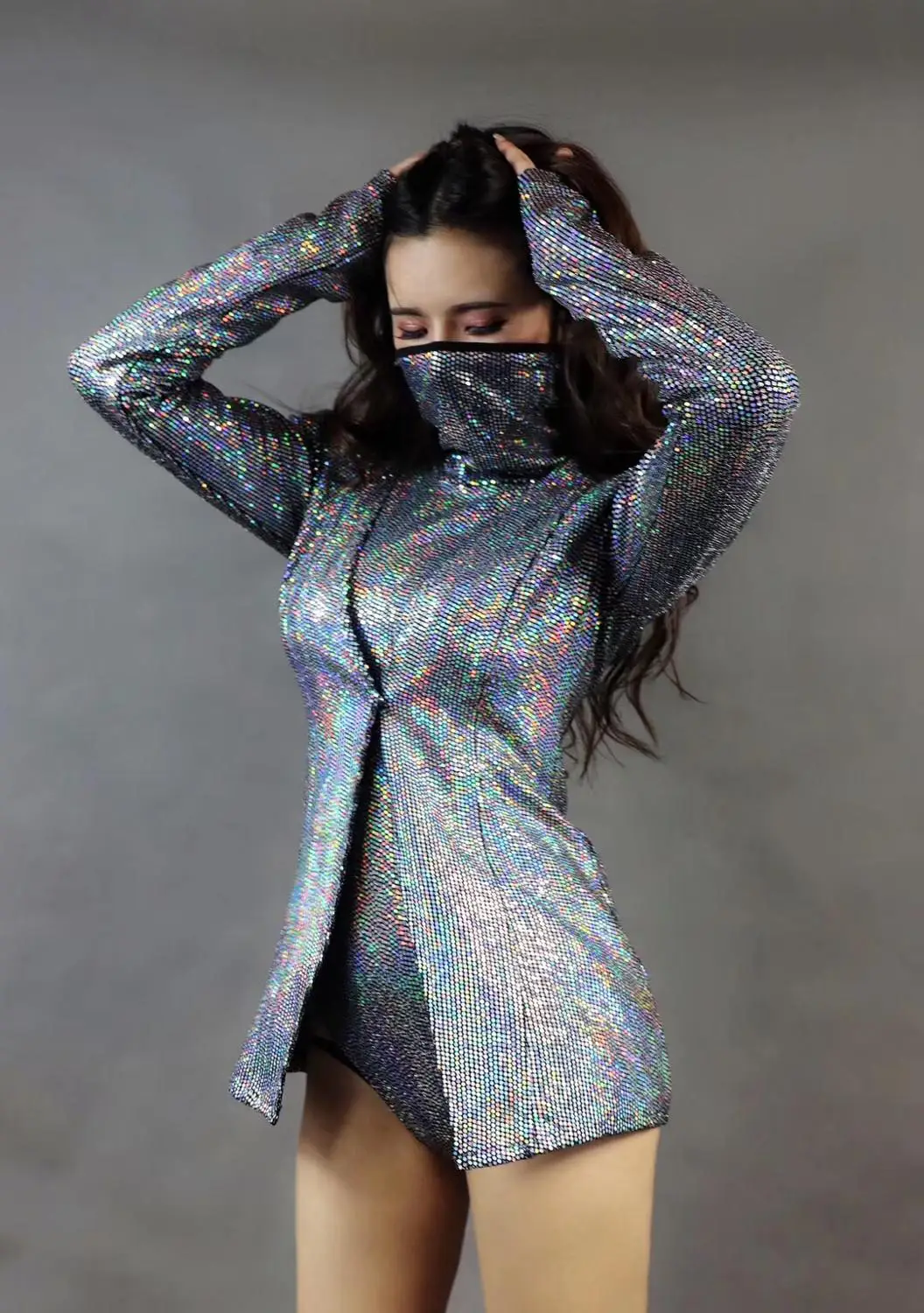 

Silver Gray Sexy Shining Costume Performance Blazer Bodysuit Outfit Clothing Set Women Singer Nightclub Dress Wear
