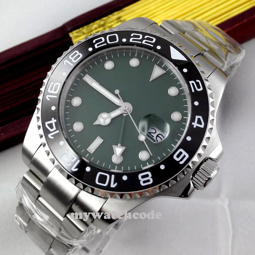 43mm bliger green olive dial GMT Ceramic Bezel automatic mens watch 296
