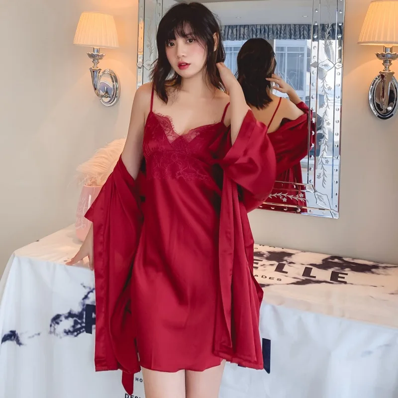 Brand New Silk Satin Women Robe &amp Gown Sets Summer 2 Pcs Sleep Dress+Robe Sleepwear Sexy Night Nightdress Home Wear | Женская одежда