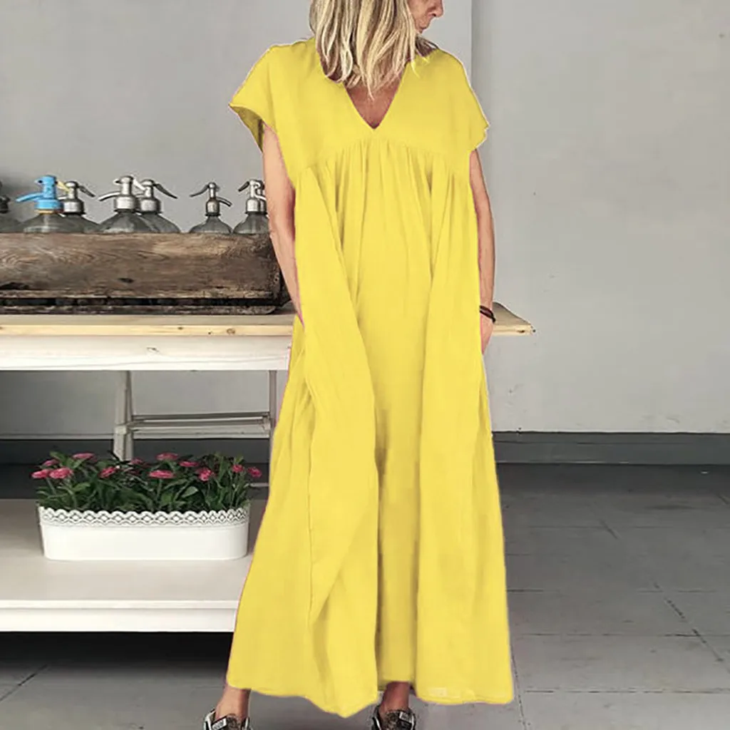 

Women fashion Summer Dresses Women's Ladies Loose Solid Short Sleeve V-neck Ankle-Length Dress Summer Dress vestidos femininos