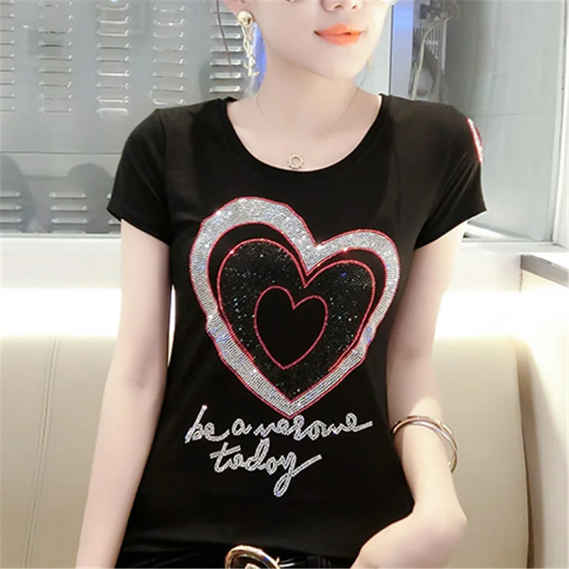Горячая Алмаз любовь футболка с буквами 2021 новые летние женские короткий рукав