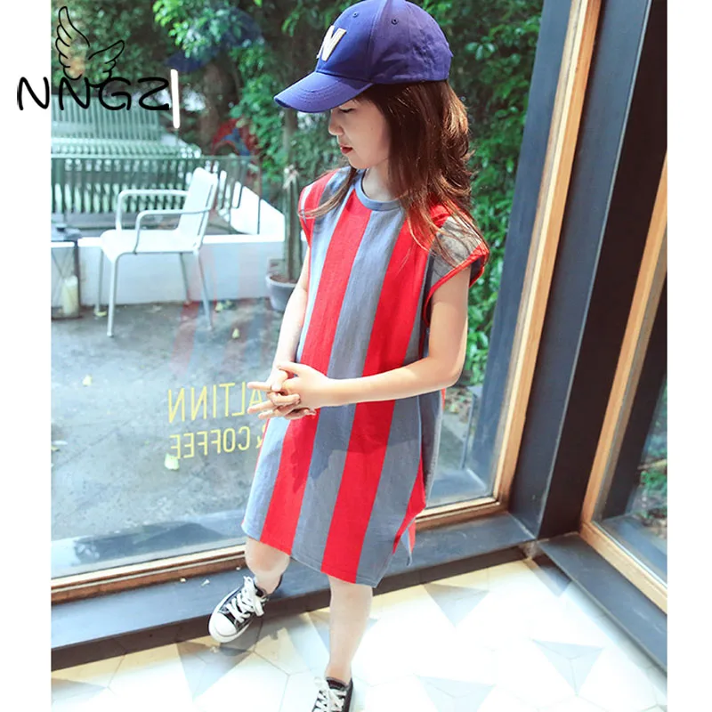 618Crew Neck Girls Dresses NNGZ Summer 5 TO 14 Pocket Kids A-line Party Casual Stripe Cotton | Детская одежда и обувь
