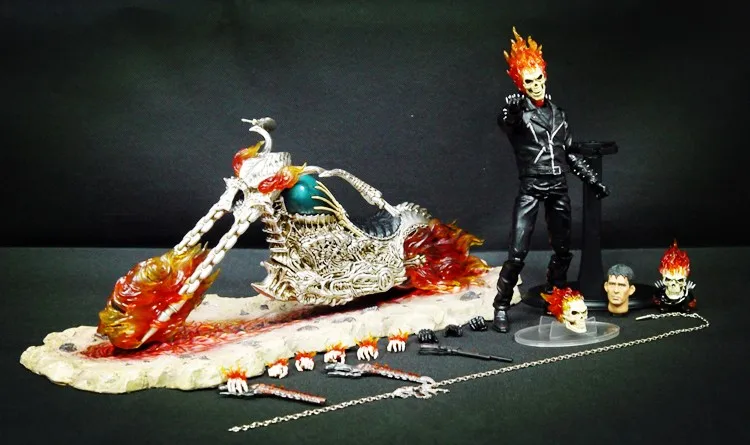 [Забавный] 44 см супер герой Ghost Rider чрезвычайно сплав Мобильный кукла светодиодный светильник пожарный рыцарь и мотоцикл фигурка украшения модель игрушки