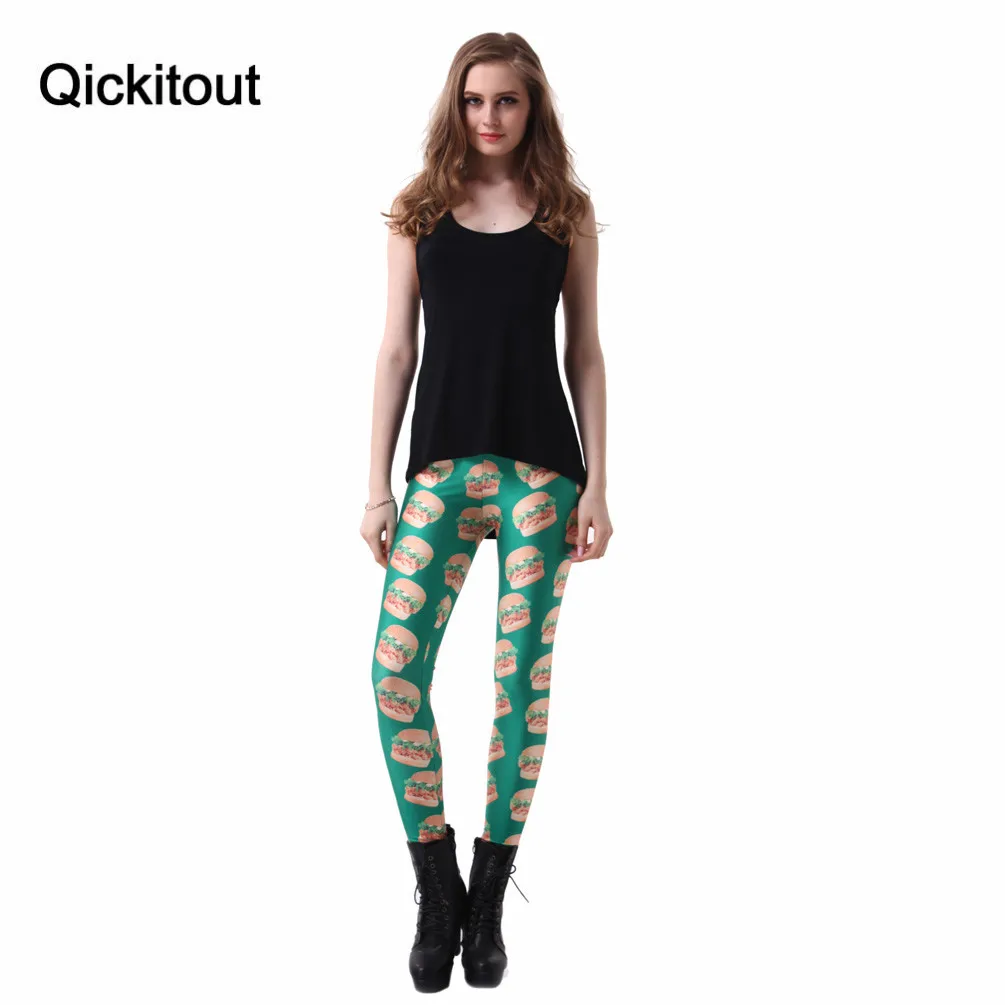 Прямая поставка Фитнес Леггинсы с принтом Для женщин гамбургер зеленый Еда
