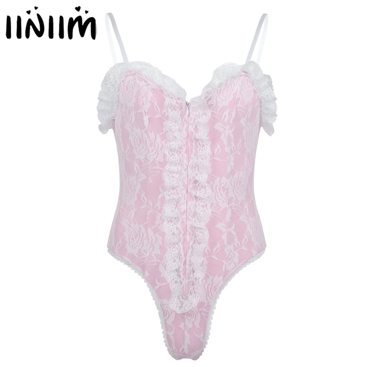 

Mens Exotic Sissy Slim Lingerie Adjustable Spaghetti Shoulder Straps Sleepwear High Cut Ruffle Lace Teddy Bodysuit Nightwear