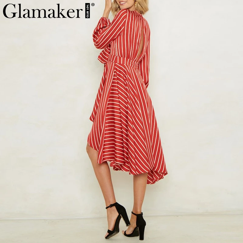 Фото Женское платье-миди с разрезом Glamaker Полосатое короткое вечернее платье Женское платье-миди с разрезом Glamaker Полосатое короткое вечернее платье