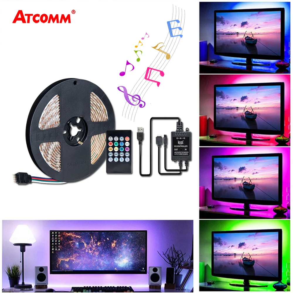 

USB RGB светодиодный светильник 5 в 60 светодиодов/м 5050 светодиодный диодный ленточный светильник с музыкальным контроллером 1 м 2 м 3 м 4 м 5 м ТВ П...
