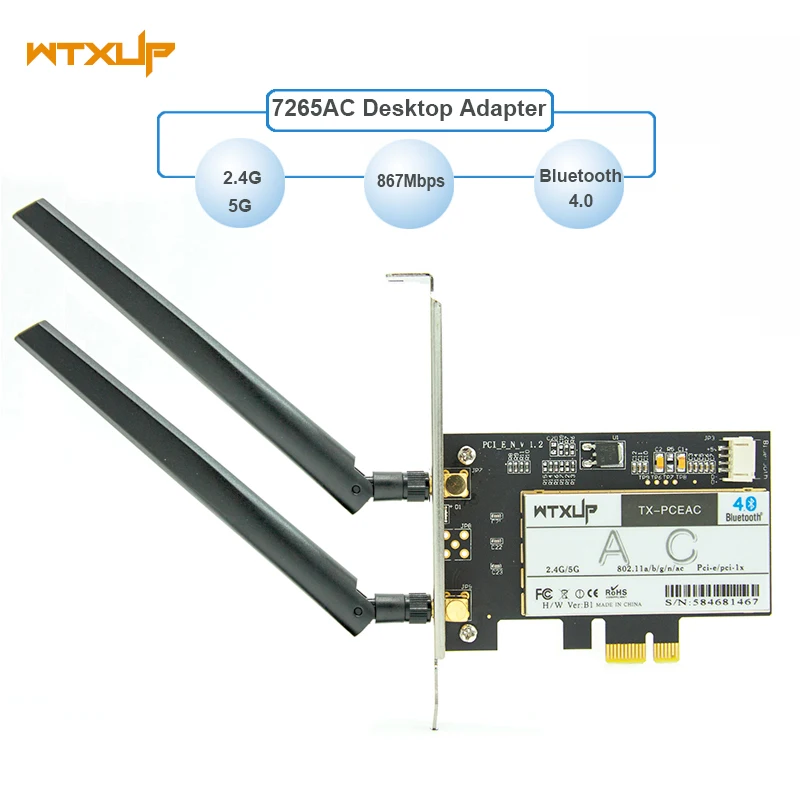 Для intel wireless AC 7265 802.11ac 867 Мбит/с+ 300 Мбит/с PCI Express Настольный WiFi адаптер Bluetooth 4,0 ПК wifi сетевая карта