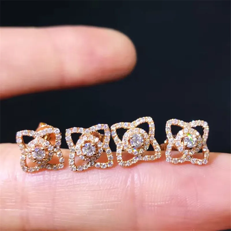 LASAMERO 0.3CTW Round Cut 18K Rose Gold Diamond Flower Pattern hollow Earrings Stud Fine Jewelry Earring Studs | Украшения и