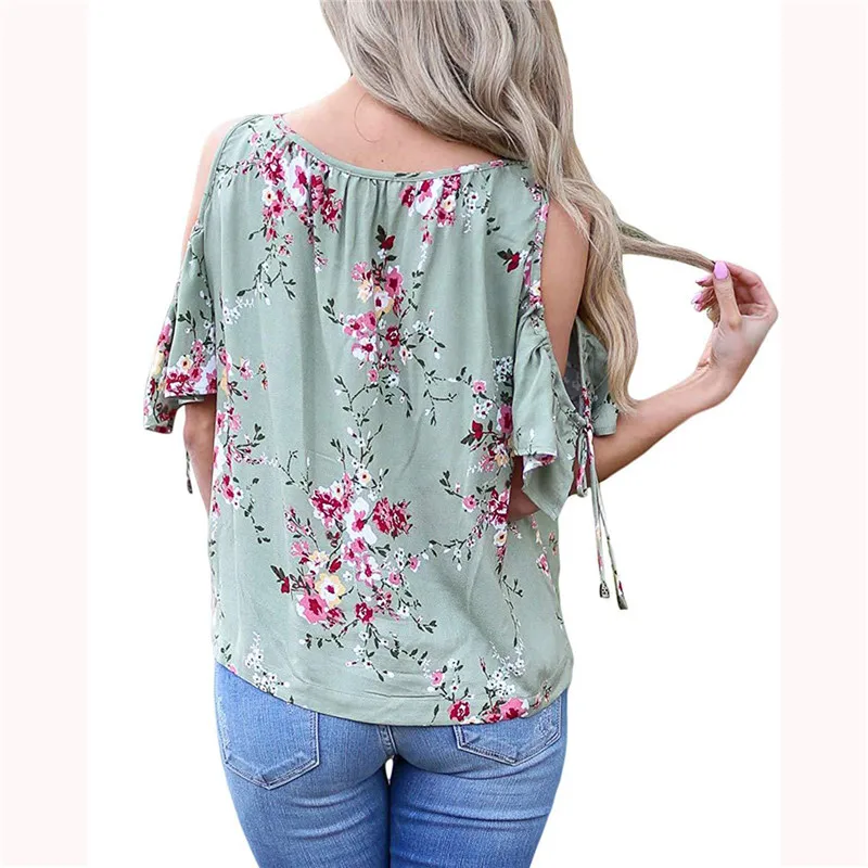 Женская хлопковая футболка с коротким рукавом V образным вырезом и цветочным