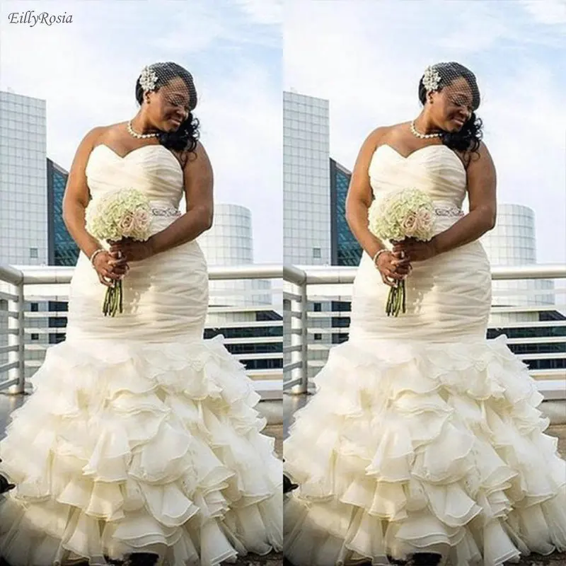 

Plus Size Ivory Mermaid Wedding Dresses 2019 Ruffles Tiered Pleated Elegant Bridal Dress for Weddings bruiloft vestido de noiva